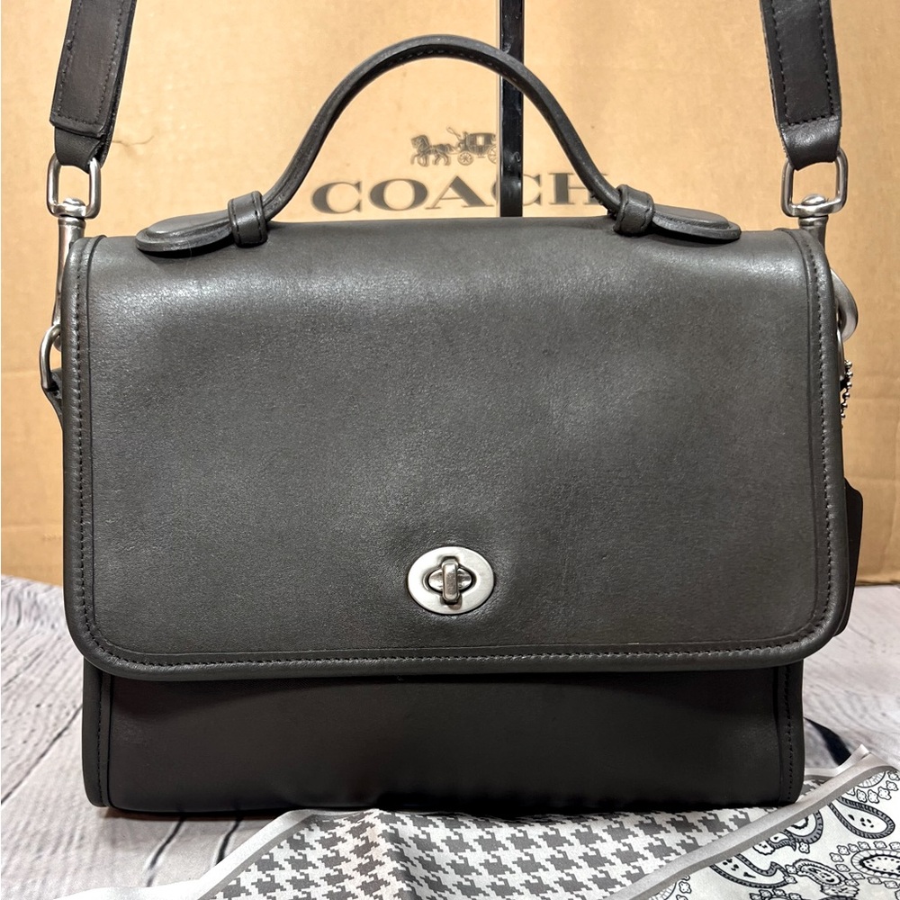 Vintage Coach 9870 Court Bag RARE GRAY Leather & SILVER Hardware EXC COND!